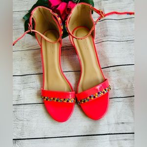 Lov Mark Women’s Orange Pink Rhinestone Block Heel Ankle Strap Sandals